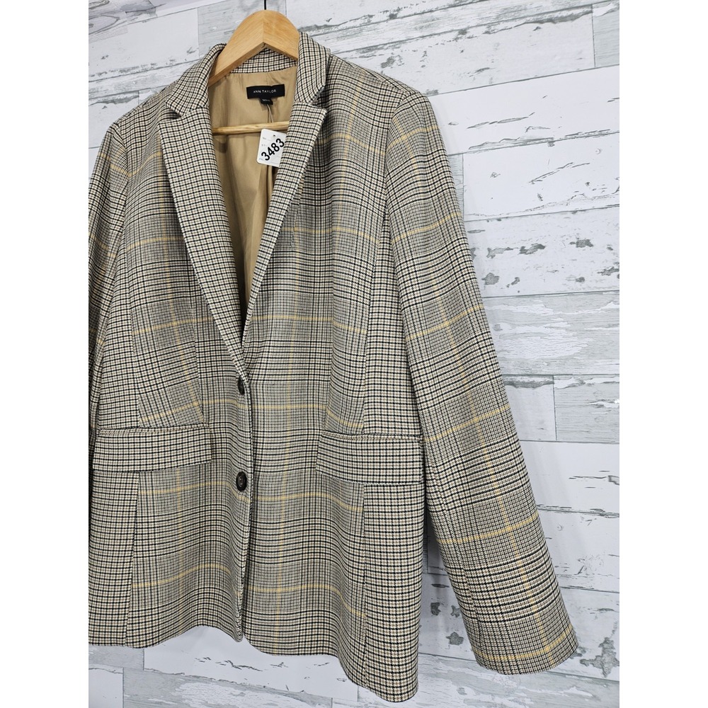 Ann Taylor Women 12 Glen Plaid Blazer Neutral Tones Beige Academia - Picture 2 of 11